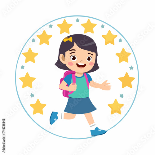 A cheerful cartoon girl with a backpack runs happily inside a circle of stars.