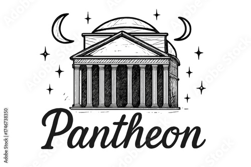 Pantheon with Moons. Hand-drawn pantheon rome with moons, columns, and sparkles, center word “Pantheon” in black and white