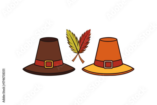 Pilgrim hat with feather, isolated on white background, vector illustration