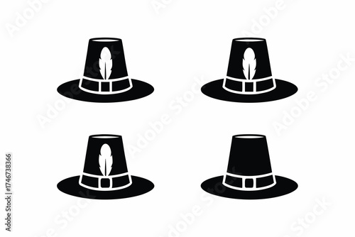 set of Pilgrim hat with feather icon silhouette vector illustration