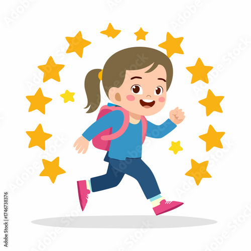 A cheerful young girl with a pink backpack runs happily surrounded by golden stars, radiating excitement.