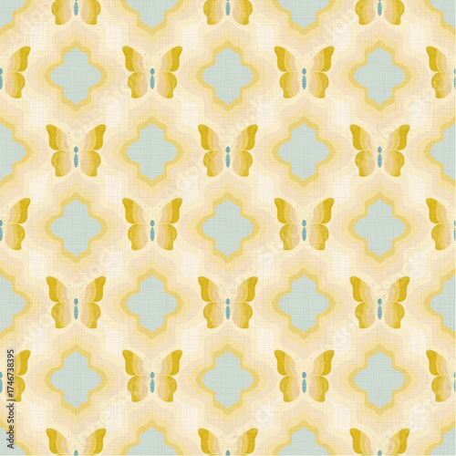 The smooth repeating pattern features yellow butterflies with intricate geometric details, surrounded by stylish quatrefoil shapes in soft pastel