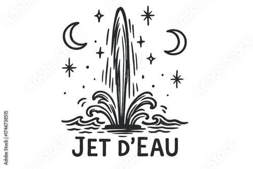 Jet d'Eau Fantasy. Hand-drawn jet d’eau geneva with moons, waves, and sparkles, center word “JetDEau” in black and white isolated