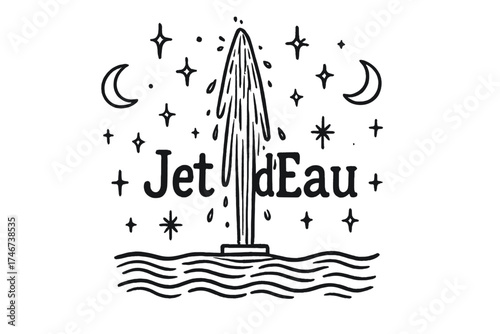 Jet d'Eau Fantasy. Hand-drawn jet d’eau geneva with moons, waves, and sparkles, center word “JetDEau” in black and white isolated