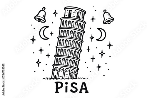 Pisa Tower Fantasia. Hand-drawn leaning tower pisa with moons, sparkles, and bells, center word “Pisa” in black and white isolated