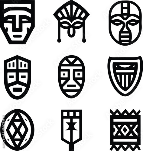 african, tribal, mask, icon, set, outline, ethnic, indigenous, native, culture, traditional, spiritual, religious, abstract, geometric, pattern, symbol, sign