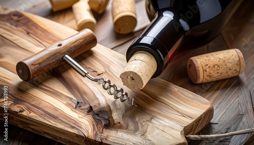 Wine bottle, corkscrew, and corks on a wooden board