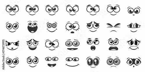 Collection of cartoon eyes and mouths expressing various emotions and feelings in black and white