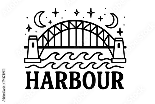 Sydney Harbour Bridge Art. Hand-drawn harbour bridge sydney with moons, waves, and sparkles, center word “Harbour” in black and