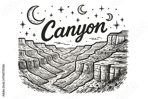 Grand Canyon Cosmos. Hand-drawn grand canyon usa with moons, cliffs, and sparkles, center word “Canyon” in black and white