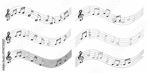 Collection of six wavy musical staffs with black and white notes and treble clefs