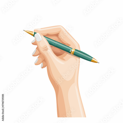 A woman's hand holding a green and gold pen, poised to write or draw.