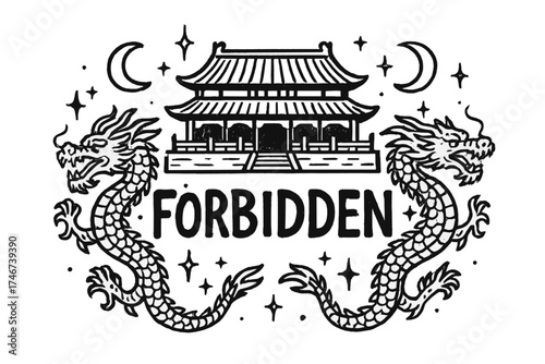 Forbidden City Mystique. Hand-drawn forbidden city beijing with moons, dragons, and sparkles, center word “Forbidden” in black and
