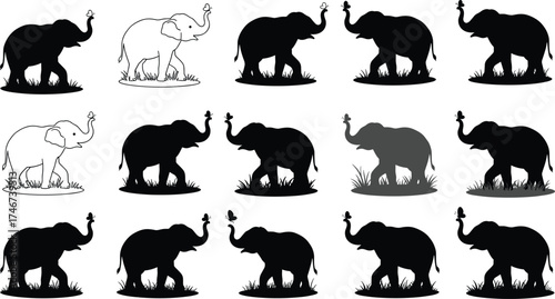 Elephant silhouettes with raised trunks and perched birds on grass, wildlife vector illustration, animal pattern design, nature conservation, safari art collection