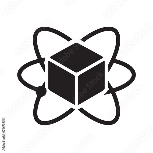 Black cube atom symbol with orbiting electrons on white background science