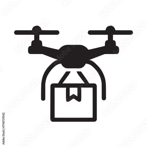 Black drone carrying a package icon on white background quadcopter aircraft