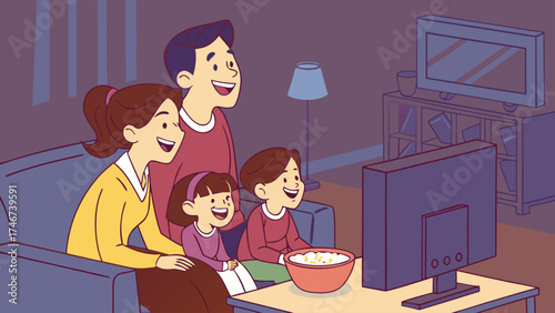 Family watching television together with popcorn in a living room sitting on a sofa enjoying time