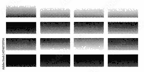 Collection of halftone dot patterns transitioning from solid black to white and transparent backgrounds