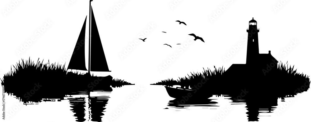 Obraz premium lighthouse silhouette vector illustration, ship, silhouette, boat, vector, sea, illustration, transportation, city, travel, icon, black, sail, nautical, vessel, sailboat, bridge, water, set, ocean, ar