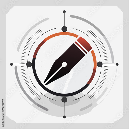 Stylized fountain pen nib within a circular design, suggesting writing, creativity, or direction.