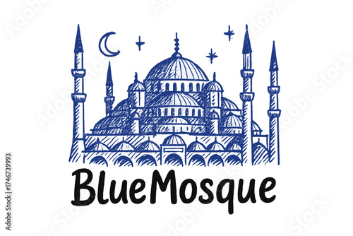 Blue Mosque Illustration. Hand-drawn blue mosque istanbul with moons, minarets, and sparkles, center word “BlueMosque” in black