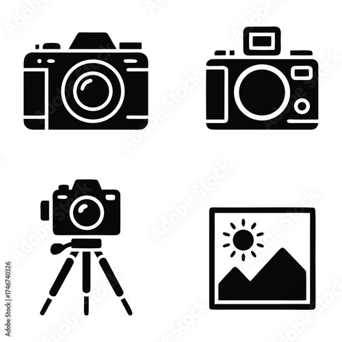 Minimalist Vector Illustration of Camera and Photo Equipment Symbols.
