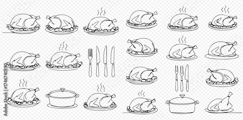 Illustration of roasted chickens, cookware, and cutlery in a line art style.