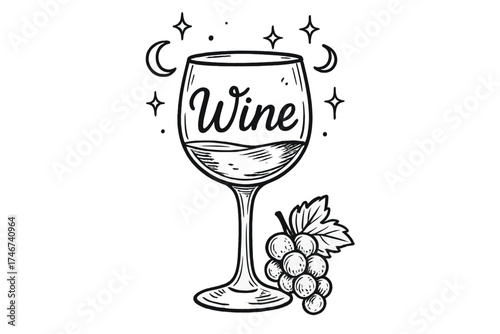 Wine, Moons, and Grapes. Hand-drawn wine glass with moons, grapes, and sparkles, center word “Wine” in black and white isolated