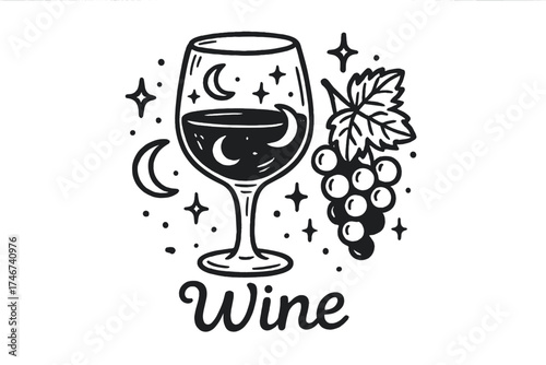 Wine, Moons, and Grapes. Hand-drawn wine glass with moons, grapes, and sparkles, center word “Wine” in black and white isolated