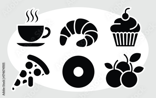 Set of six silhouette illustrations of delicious food and beverage icons scalable vector graphic for eps files silhouette vector illustration white background