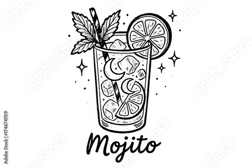Mojito Magic Illustration. Hand-drawn mojito glass with moons, mint, and sparkles, center word “Mojito” in black and white