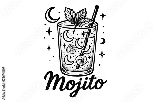 Mojito Magic Illustration. Hand-drawn mojito glass with moons, mint, and sparkles, center word “Mojito” in black and white