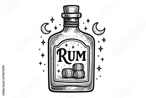 Rum Bottle Design. Hand-drawn rum bottle with moons, barrels, and sparkles, center word “Rum” in black and white isolated