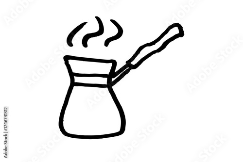 Coffee brewing copper pot - Turkish style coffee maker. Doodle style hand drawn object. Simple isolated outline.