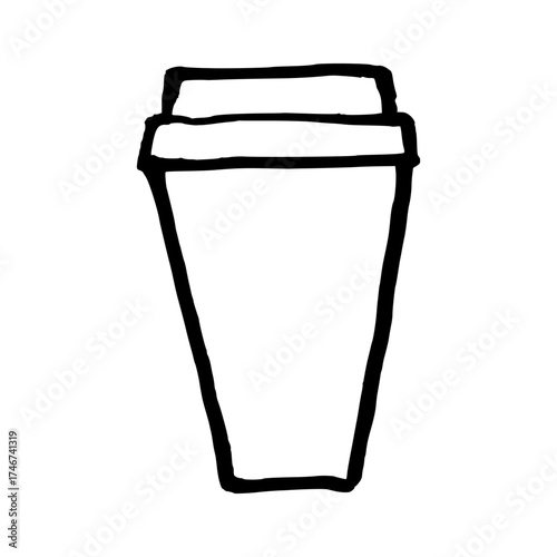 Disposable coffee cup with closed lid. Doodle style hand drawn object. Simple isolated outline.