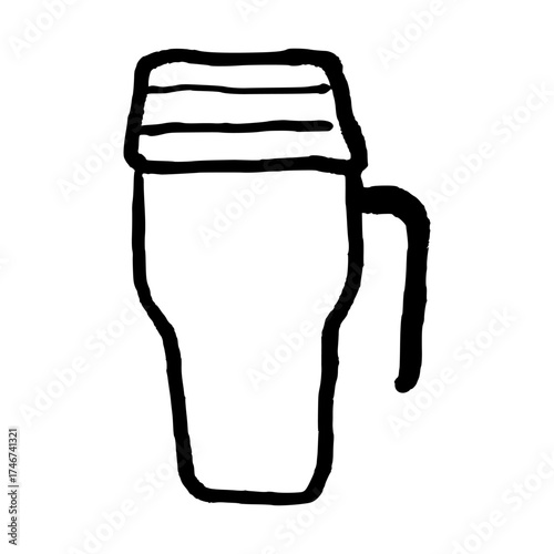 Coffee mug to go - thermal hot drink cup with closed lid. Doodle style hand drawn object. Simple isolated outline.