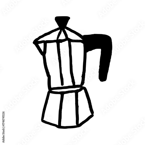 Coffee brewing moka pot. Italian style coffee maker pot. Doodle style hand drawn object. Simple isolated outline.
