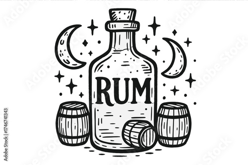 Rum Bottle Design. Hand-drawn rum bottle with moons, barrels, and sparkles, center word “Rum” in black and white isolated