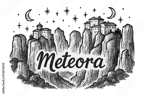 Meteora Monasteries Artwork. Hand-drawn meteora monasteries greece with moons, cliffs, and sparkles, center word “Meteora” in