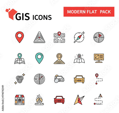 Modern flat icons set representing GIS and navigation concepts, including maps, locations, compass, radar, and vehicles for diverse digital applications