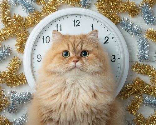 New Year's Eve Theme Cute Pet Adorable A fluffy cat poses in front of a clock adorned with festive decorations.