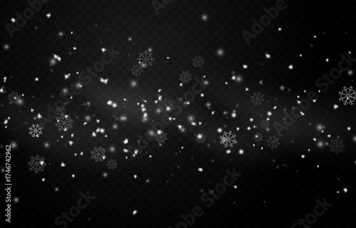 Snowfall PNG. Heavy snowfall or snowstorm with snowflakes of various shapes. Winter snowy background.