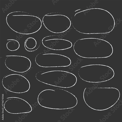 Collection of various sized hand drawn circle and oval highlight shapes on a