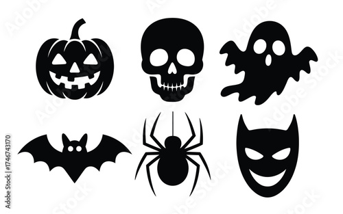 Set of 6 halloween silhouette illustrations featuring pumpkin skull ghost bat spider and mask vector icons silhouette vector illustration white background