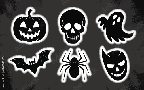 Set of six black silhouette halloween icons pumpkin skull ghost bat spider devil vector illustration scalable eps silhouette vector illustration white background