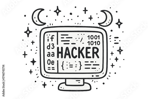 Hacker Terminal Art. Hand-drawn hacker terminal with moons, codes, and sparkles, center word “Hacker” in black and white isolated