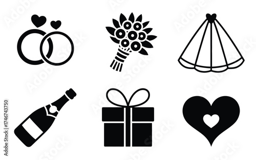 Vector set of 6 wedding icons silhouette illustration scalable eps format for declarative graphics silhouette vector illustration white background