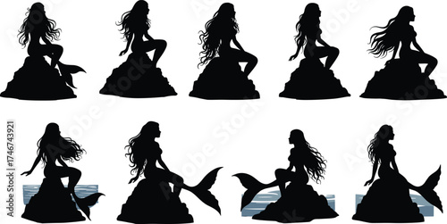Fantasy mermaid silhouettes sitting on rocks with flowing hair and tails, mythical sea creatures vector illustration for ocean folklore design themes