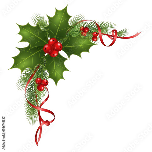 Christmas corner decoration with holly leaves, berries, and ribbon isolated on transparent background