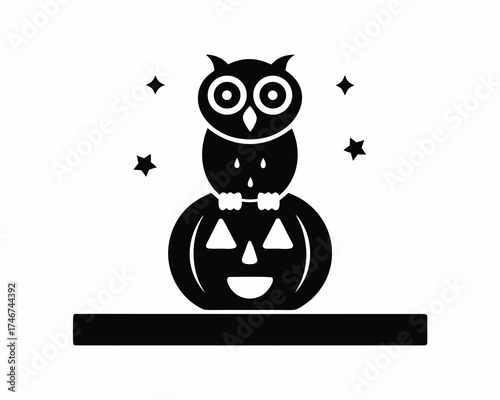 Owl sitting on pumpkin icon, night Thanksgiving scene  silhouette vector illustration